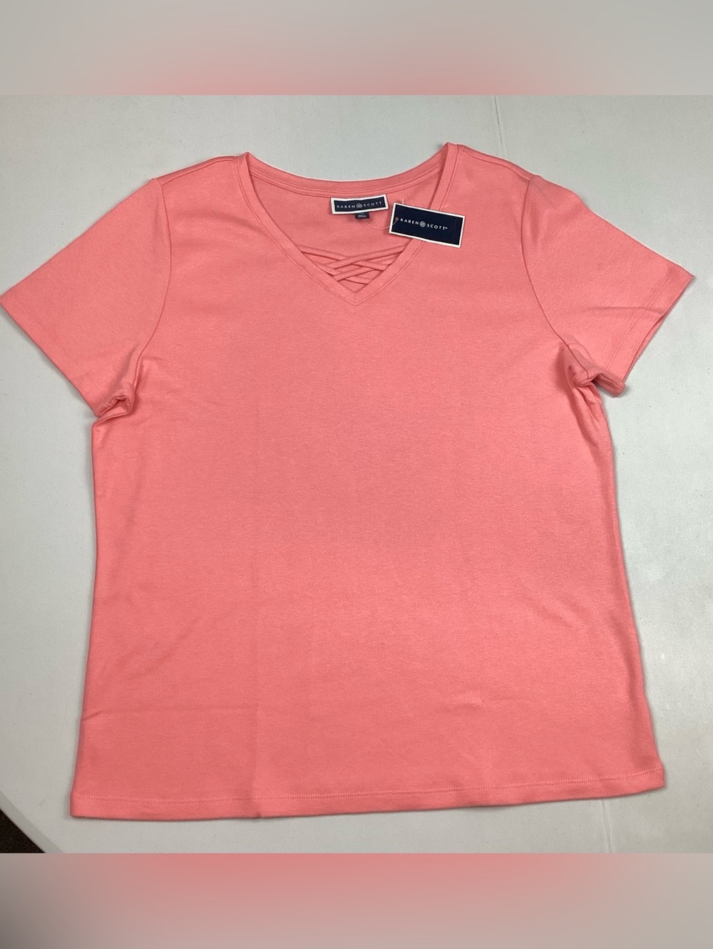 Karen Scott Short Sleeve T-Shirt V-Neck with Strap Detail XXL NEW! Retail $36.50